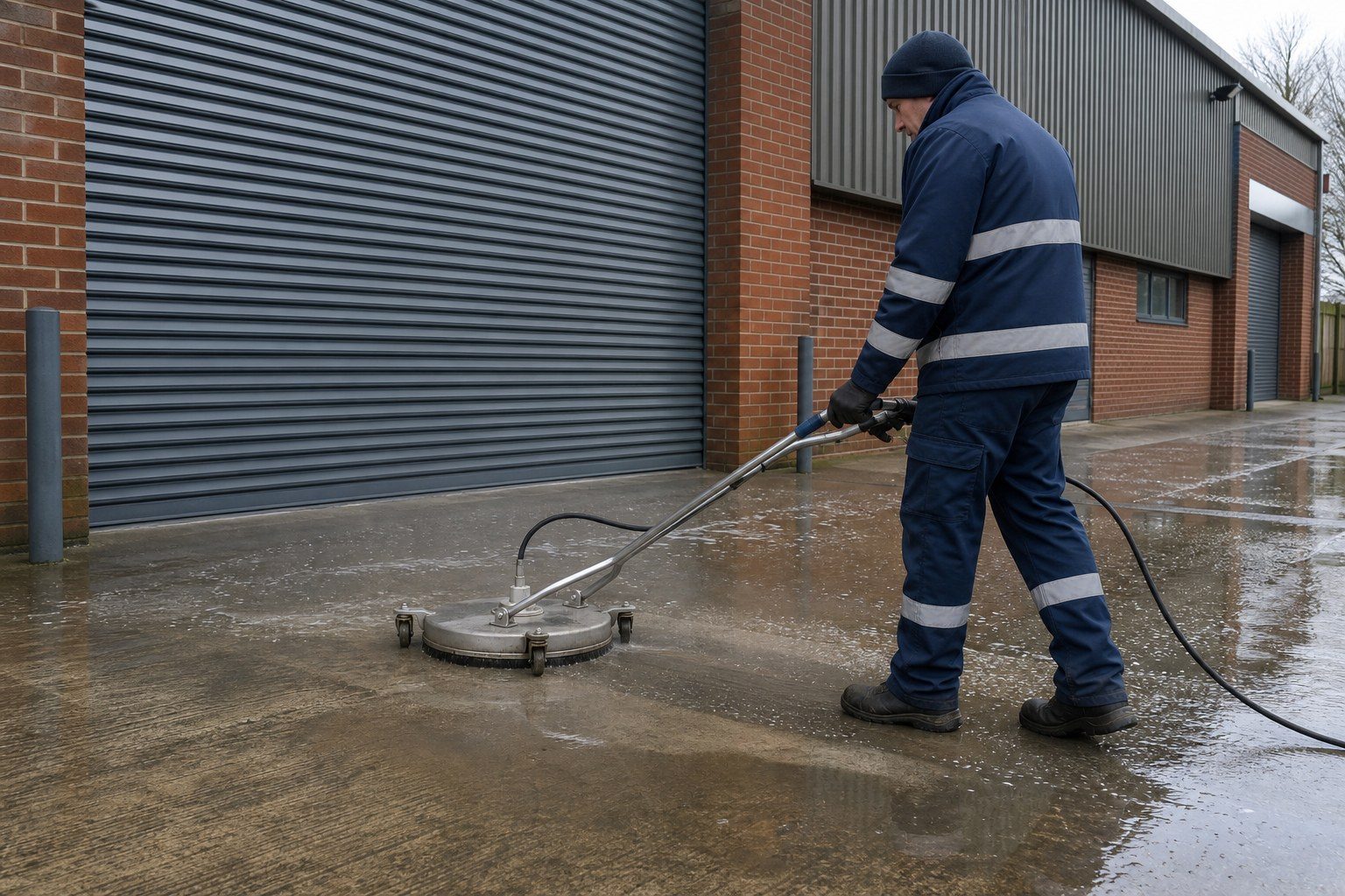 Operative in protective suit pressure washing a commercial forecourt